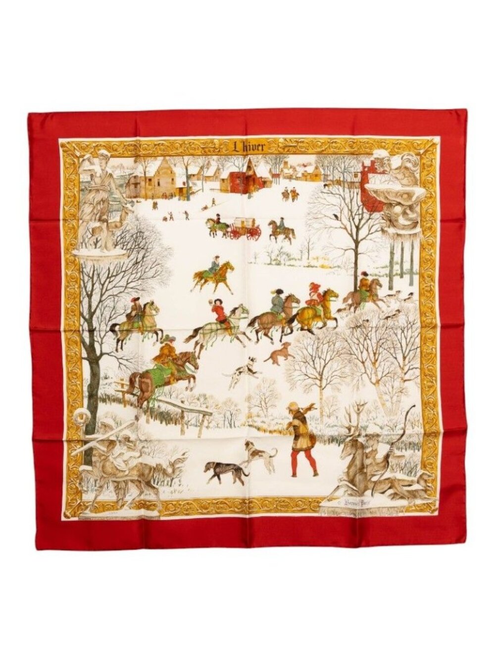 Hermes Carre 90 L'hiver Winter Hunting Scarf Red White Multicolor Silk